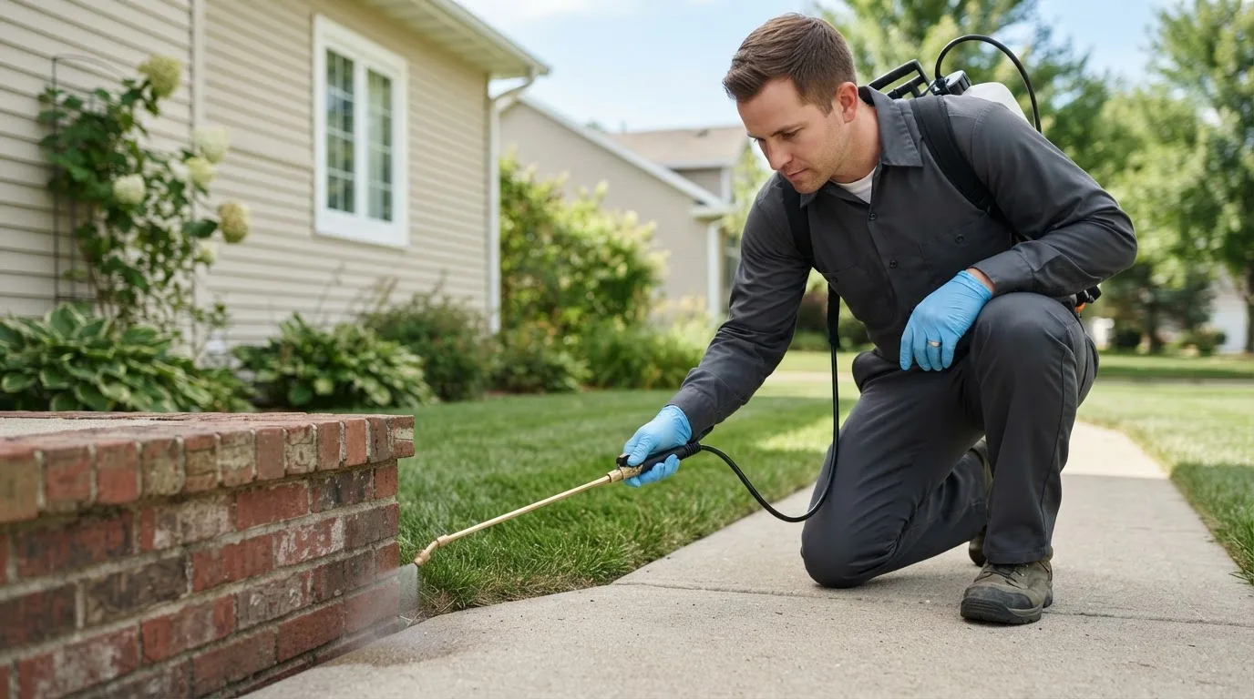 Pest control technician treating a home near Wilmer, AL